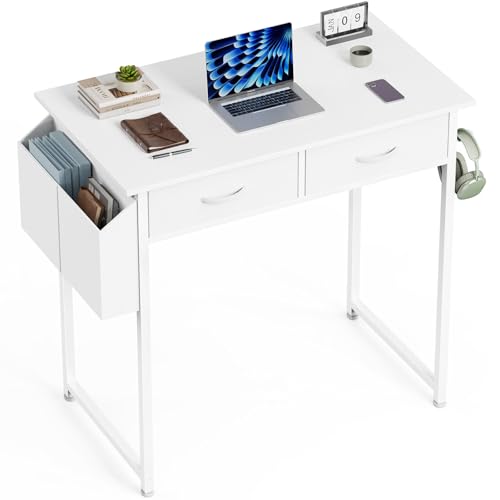 Anwick Compact Computer Desk with Storage Bag, Headphone Hook & Adjustable Feet - Modern Home Office Desk for Small Spaces, Bedroom or Study, Durable Metal Frame, Simple Design (White)
