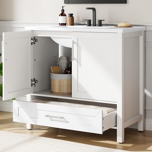 IDEALHOUSE 30" Bathroom Vanity with Sink, Freestanding Wooden Bathroom Vanity Cabinet with Soft-Closing Door and Metal Handle, Modern Floor Standing Storage for Small Spaces,White - size: 30in