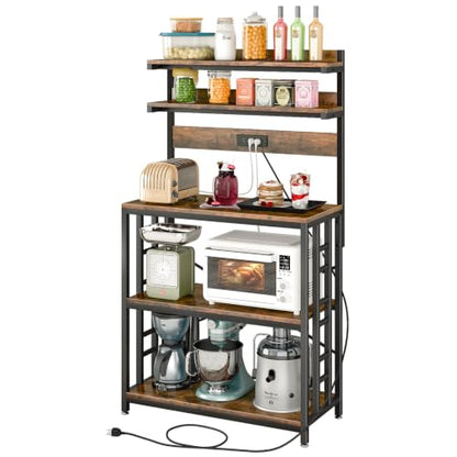 METYERRY Adjustable Bakers Rack with Power Outlet,Coffee Bar Station with Led Lights,Microwave Stand with Storage,5-Tier Kitchen Shelf,Kitchen Storage Rack for Spices, Pots and Pans,Rustic Brown - color: Rustic