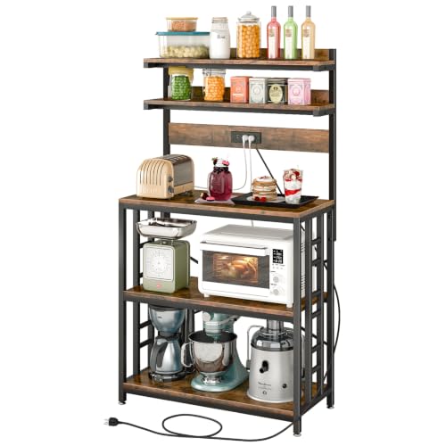 METYERRY Adjustable Bakers Rack with Power Outlet,Coffee Bar Station with Led Lights,Microwave Stand with Storage,5-Tier Kitchen Shelf,Kitchen Storage Rack for Spices, Pots and Pans,Rustic Brown - color: Rustic