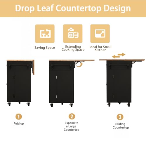 Kitchen Island Cart with Storage on Wheels, 59" Large Rolling Kitchen Island with Drop Leaf, Mobile Island for Kitchen with Towel Rack, Drawers for Dining Room, Black - size: 59.3" W, style: Black