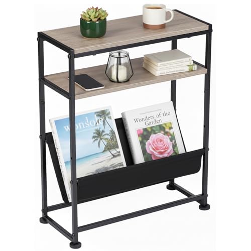 Narrow End Table for Small Spaces - Slim Side Table with Magazine Holder,2 in 1 Design Narrow Coffee Table Living Room,Skinny Bedroom Nightstand Thin Side Magazine Table,Oak - color: Oak