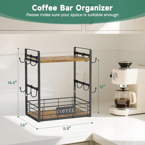 EsLuker.ly Coffee Mug Cup Holder Tree Bar Station Organizer, 2 Tier Mug Stand Rack for Countertop Kitchen, Storage Tower Display Shelf with 12 Hooks, Coffee Nook Enhancer - color: Antique Brown + Black