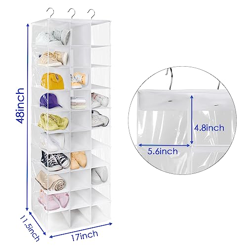 Hanging Shoe Closet Organizer, 30 Sections Hanging Closet Organizers and Storage Shelves with 6 Mesh Pockets, Space Saving Shoe Rack Holder Hanger, White - color: White