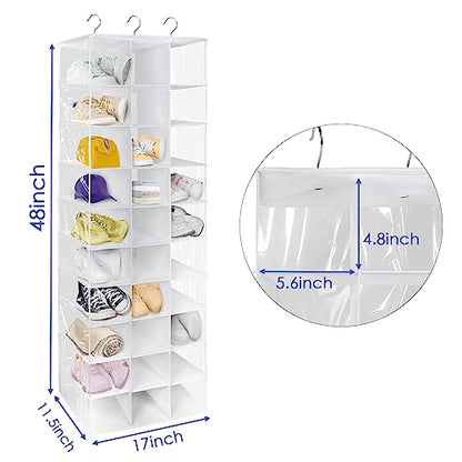 Hanging Shoe Closet Organizer, 30 Sections Hanging Closet Organizers and Storage Shelves with 6 Mesh Pockets, Space Saving Shoe Rack Holder Hanger, White - color: White