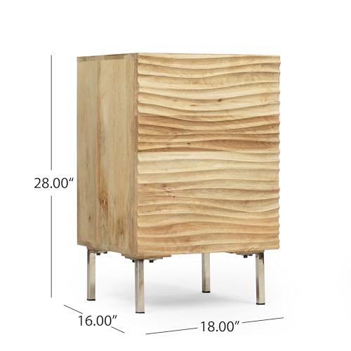 Ripple Textured Wooden Nightstand with Drawer, Modern Solid Wood Side End Table with Metal Legs, Rustic Bedside Storage Cabinet for Bedroom Small Apartment