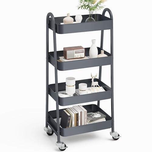 OLIXIS Metal 4 Tiers Rolling Storage Utility Cart with Lockable Wheels | Mobile Organizer Shelf, Space-Saving, Freestanding, Bathroom, Living Room, Slim, Narrow Corner Spaces, Gray - color: 4-tiered Gray, size: 4-Tiered 18 inches