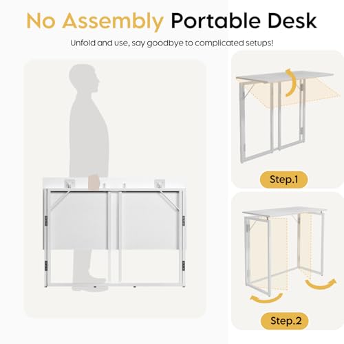 31.5" Folding Desk: No Assembly, Wood Top for Small Spaces | Home office desk, holds 150 lbs, folds flat to 2.3 in, splash-proof wood top, sturdy metal frame - color: White, size: 31.5"W x 15.7"D
