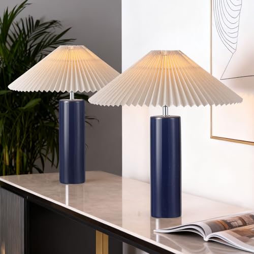 EOEYYOYB Ceramic Table Lamps for Bedroom Set of 2, Adjustable Shade Lamps for Night Stands, Modern Cylindrical Nightstand Table Lamps 5W E26 for Bedroom Bedside Buffet, Blue - color: Blue, size: 2 Pack