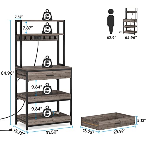 LITTLE TREE Kitchen Baker’s Rack with Power Outlets, Freestanding 5-Tier Microwave Stand with Drawers & Sliding Shelves, Coffee Bar with 6 Hooks for Dining Room Living Room, Grey & Black - color: Grey Black