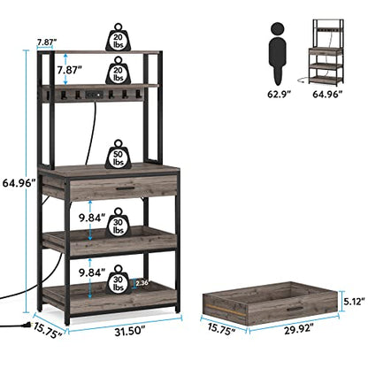 LITTLE TREE Kitchen Baker’s Rack with Power Outlets, Freestanding 5-Tier Microwave Stand with Drawers & Sliding Shelves, Coffee Bar with 6 Hooks for Dining Room Living Room, Grey & Black - color: Grey Black