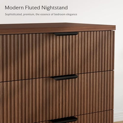25.6" W Fluted Nightstand with 3 Drawer, Mid-Century Modern Night Stands | Bedside Table for Bedroom King/Queen Bed, End Table with Robot-friendly Legs for Living Room,Entry - color: 3 Drawers-1pcs-walnut