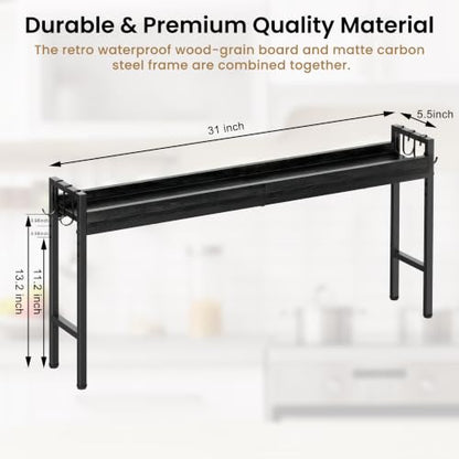 31 Inch Over the Stove Spice Rack, Adjustable 3-Tier Stove Top Shelf Equipped with 6 Utility Hooks to Organize Spices & Kitchen Gadgets (Black) - color: Black