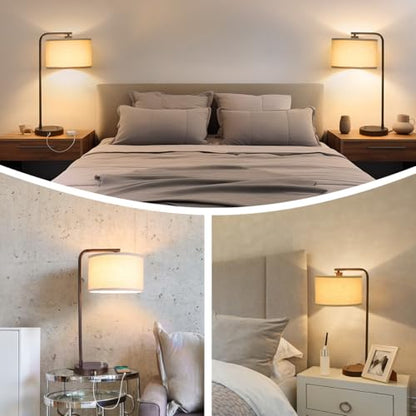 Table Lamps Set of 2, Fully Dimmable Bedside Lamp with USB C+A Charging Ports, Modern Nightstand Lamps with Linen Fabric Shades, Tall Desk Lamp for Bedroom, Living Room, Office, LED Bulb Included - color: Brown 2 Pack