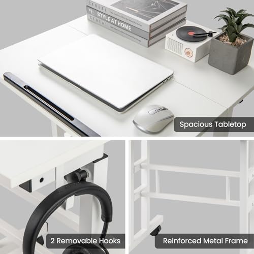 Tangkula Mobile Standing Desk, Height-Adjustable Laptop Podium Cart with Tilting Tabletop & Adjustable Angle, Rolling Stand Up Computer Desk with 2 Hanging Hooks & Lockable Casters for Home Office - color: White