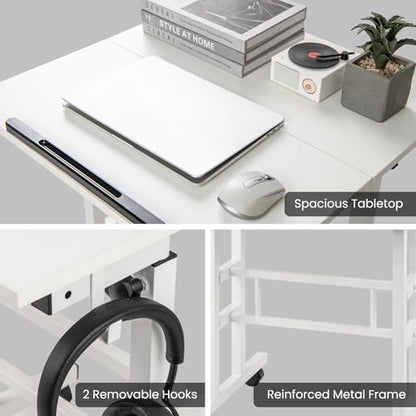 Tangkula Mobile Standing Desk, Height-Adjustable Laptop Podium Cart with Tilting Tabletop & Adjustable Angle, Rolling Stand Up Computer Desk with 2 Hanging Hooks & Lockable Casters for Home Office - color: White