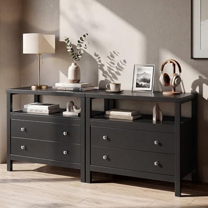 28 Inch Wide Night Stand, Black Nightstand with 2 Drawers and Open Shelf | Bedside Table Storage End Tables for Bedroom Study Office, Modern Solid Wood Dresser with Zinnc Alloy Pulls