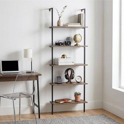 aboxoo Ladder Shelf 2PCS Open Bookshelf 5-Tier Wall-Mounted Wood Bookcase Rack Open Back Industrial Modern Plant Flower Stand Utility OrganizerMetal Frame Furniture Office Kitchen Bedroom (Brown) - color: Rustic Brown 5-tier, size: 2PCS