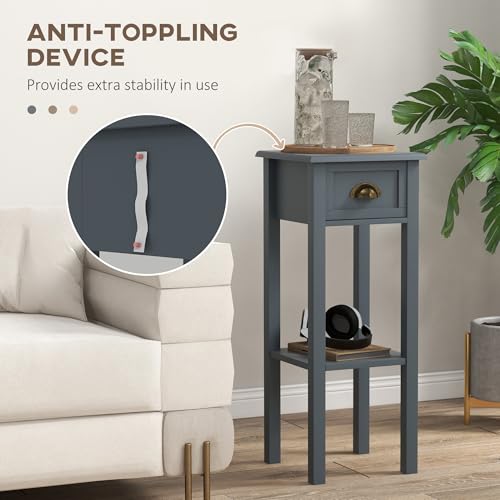 HOMCOM Narrow End Table with Drawer and Bottom Shelf, Slim Side Table for Small Spaces, Skinny Modern Accent Desk for Living Room, Set of 2, Gray - color: Grey