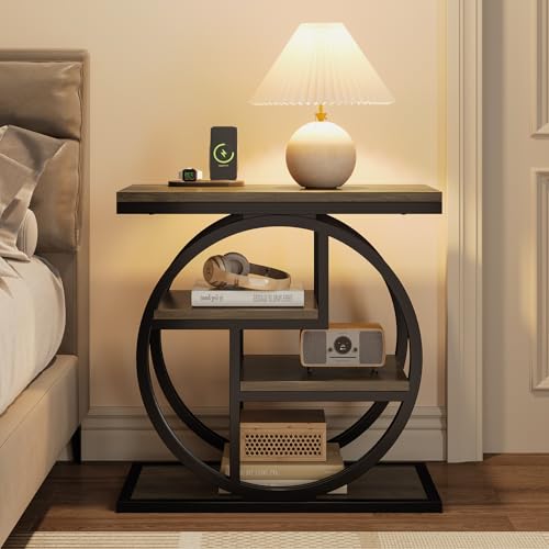 Tribesigns End Table for Living Room, 4-Tier Narrow Side Table with Storage Shelves, Industrial Bedside Table for Bedroom, Wood Small Sofa Side Table with Geometric Metal Frame (1 PC, Grey) - color: Grey