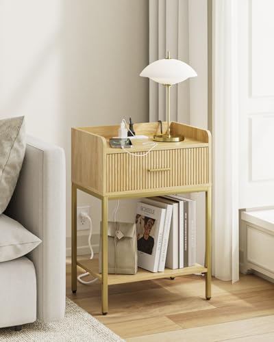 Nightstand with Charging Station, 3-Tier Bed Side Table, Small End Table, Night Standwith Open Shelf and Drawer, Bedside Table for Bedroom, Living Room, Oak - color: Oak, style: With Charging Station