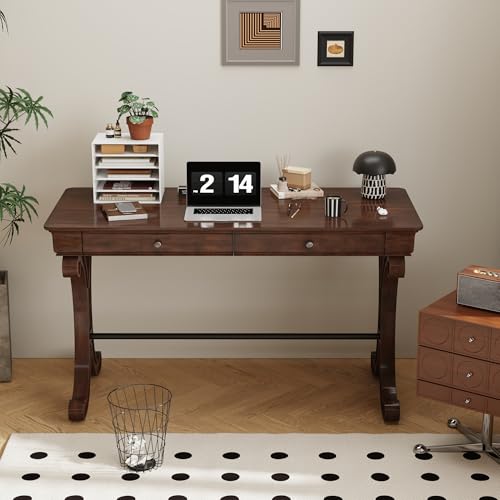 Farmhouse Oak Laptop Desk, Home Office Desks with 2 Storage Drawers, 47.2" Large Work Desk with Curved Legs, Secretary Desk for Home Office, Easy Assembly Vanity Desk, Study Table Station SSZD0036 - size: 47.2"