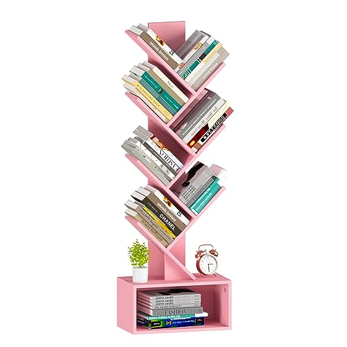 Yoobure Tree Bookshelf - 6 Shelf Retro Floor Standing Bookcase, Tall Wood Book Storage Rack for CDs/Movies/Books, Utility Book Organizer Shelves for Bedroom, Living Room, Home Office Pink - color: Pink