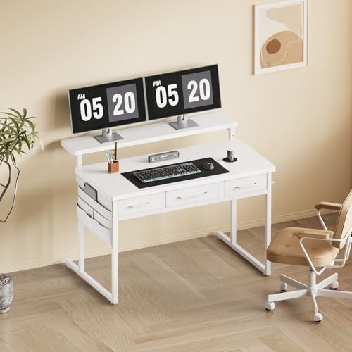Maihail Small Desk with Drawers, 39.4X15.8-22.9 Inches Office Computer Desk with Side Pocket & Ergonomic Monitor Stand, Writing Table for Small Spaces, Bedroom, White - color: White, size: 39Inch