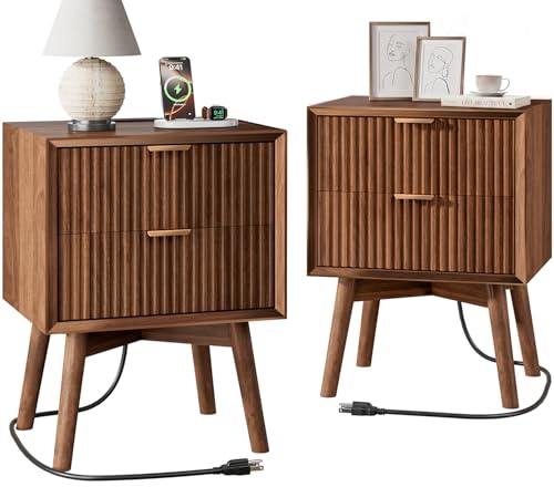 Walnut Fluted Nightstands Set of 2 with Charging & Beveled Edges | 18in Wide, FSC-Certified MDF, Solid Wood Legs, 2 Drawer, Metal Handle, Modern, Bedroom, Night Stand, Bedside Table, End Table - color: Walnut - Beveled Drawer, size: 18"W