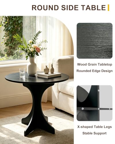 24in Black Round Side Table, Modern Accent End Table with Curved Integrated Tripod Base, Minimalist Round Sofa Side Table Nightstand for Living Room Bedroom Balcony Small Spaces, Easy Assembly - color: Black-x