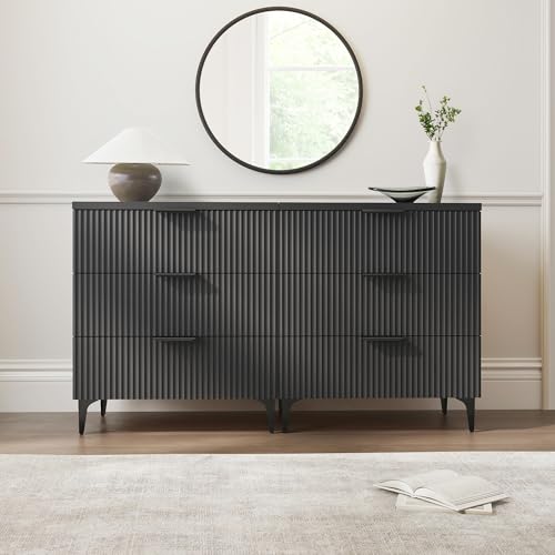25.6" W Black Fluted Nightstand with 3 Drawer, Modern Wood Night Stands | Bedside Table for Bedroom King/Queen Bed, End Table with Robot-friendly Legs for Living Room,Entry - color: 3 Drawers-1pcs-black