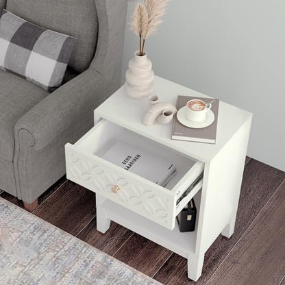 White Nightstand with Drawer and Open Shelf, 17.7 W | Modern Bed Side Table for Bedroom, Small End Table for Small Spaces, Living Room, Easy Assembly