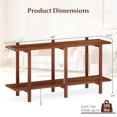 Giantex 2-Tier Wood Bookshelf, 48" Modern Console Table with Wide Storage Shelf, Horizontal Rubber Wood Bookcase, Open Display Racks Shelving Unit for Bedroom, Living Room, Office, Entryway