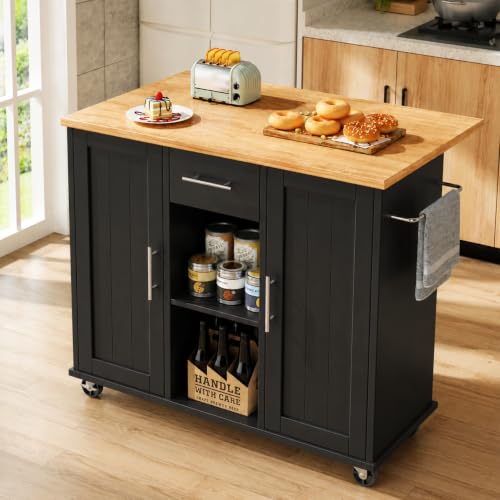 JY QAQA 42" Kitchen Island with Storage on Wheels, Rolling Table with Drop Leaf, Drawers, Cart Handle for Towel Rack or Free Movement, Black - color: Black