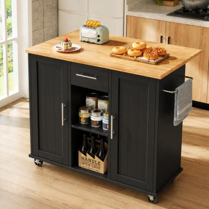 JY QAQA 42" Kitchen Island with Storage on Wheels, Rolling Table with Drop Leaf, Drawers, Cart Handle for Towel Rack or Free Movement, Black - color: Black