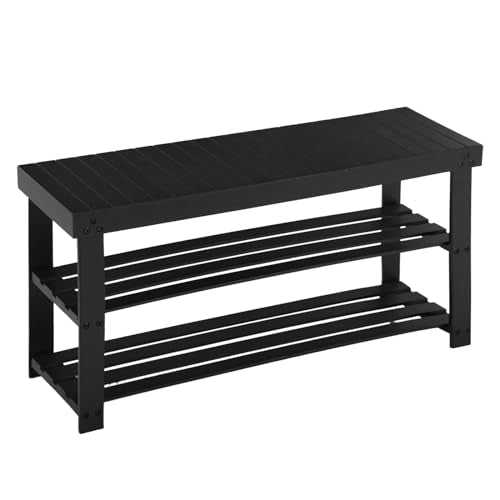 Apicizon Bamboo Shoe Rack for Entryway, 3-Tier Shoe Rack Bench for Front Indoor Entrance, Small Shoe Organizer with Storage, 35.4 Inches, Black - color: Black, size: 35.4 Inches No Cushion