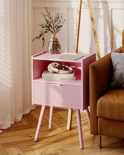 JOONEE Nightstand with Oultlet,Modern Bedside Table with Storage Drawer and Open Wood Shelf, for Living Room, Bedroom and Small Spaces, Accent Night Stand with Solid Wood Legs, Easy Assembly,Pink - color: Pink-outlet