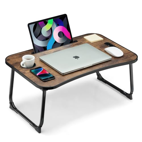 Foldable Lap Desk, Laptop Bed Desk, Portable Lap Table, Laptop Bed Table with Cup Holder & Tablet Slot & Lifting Handle for Working Writing Drawing & Eating - Brown - color: Brown