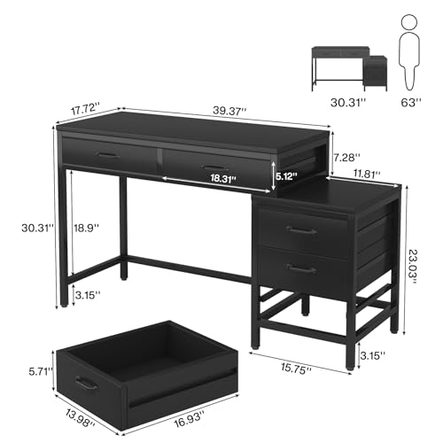 Tribesigns Computer Desk with 5 Drawers, Home Office Desks with Reversible Drawer Cabinet Printer Stand, Industrial PC Desk with Storage, Rustic Study Writing Table Workstation for Small Spaces, Black - color: Black