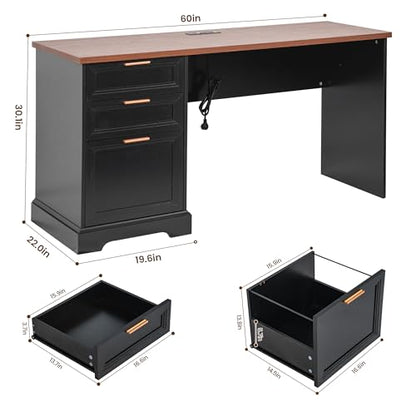 60" Farmhouse Executive Desk with Charging Station,Home Office Desk with 2 Drawers &1 File Cabinet,Wood Work Desk for Office and Home - color: Walnut & Black