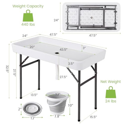COSTWAY 4FT Cooler Table, Folding Ice Table for Parties with Drain & Bucket & Removable Skirt, Ideal for Tailgate, BBQ & Picnic - size: 48" x 24"