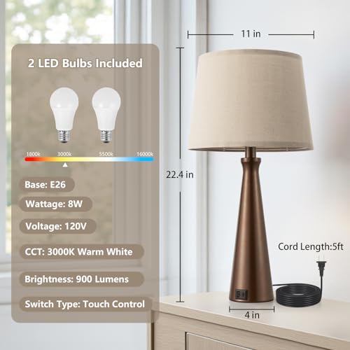 Seealle Modern Table Lamps Set of 2 - Touch Bedside Lamp for Nightstand with Dual USB C+A,3-Way Dimmable Brown Nightstand Lamps for Living Room Bedroom End Table with Oat Shade(Bulb Included) - color: F. Brown-Oat
