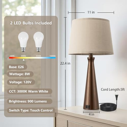 Seealle Modern Table Lamps Set of 2 - Touch Bedside Lamp for Nightstand with Dual USB C+A,3-Way Dimmable Brown Nightstand Lamps for Living Room Bedroom End Table with Oat Shade(Bulb Included) - color: F. Brown-Oat