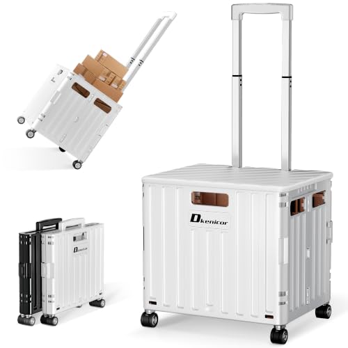 Folding Utility Cart, Portable Rolling Crate Handcart Collapsible Shopping Trolley with Lid, Foldable Tool Box Basket with 4 Rotate Wheels for Grocery, Office, Luggage, School - White - color: White