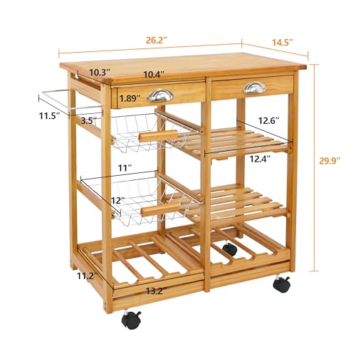 Nova Microdermabrasion Kitchen Island Cart with Storage, Rolling Side Table on Wheels with 2 Drawers, 3 Shelves, Lockable Casters for Dining Room, Bar