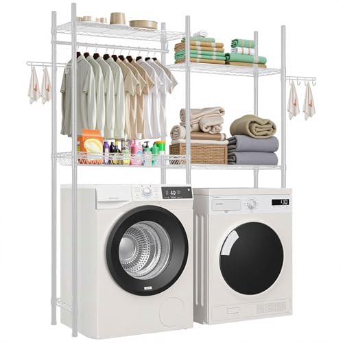 VEVOR Over The Washer and Dryer Storage Shelf, 4 Tier Laundry Room Drying Rack with Hanger Rod and Hooks, Adjustable Over Washer and Dryer Shelves, Laundry Room Shelf Storage Space Saver, White - color: White, size: 4-tier