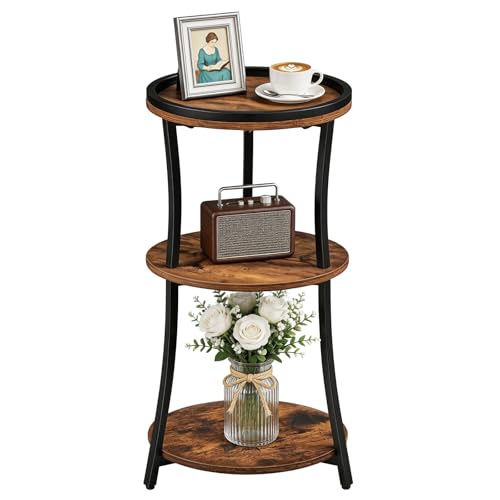 MAHANCRIS Small Round Side Table, 3-Tier Nightstand for Small Spaces | End Table with Raised Edge, Storage Shelf, Sofa Table for Corner, Living Room, Bedroom, Easy Assembly, Rustic Brown