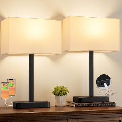 Hong-in Touch Lamps for Bedroom - 3-Way Dimmable Bedside Lamps Set of 2 with USB C+A, White Modern Table Lamp for Night Stands, Desk Lamp for Living Room Nightstand End Tables Bed Side - color: E. White&Black