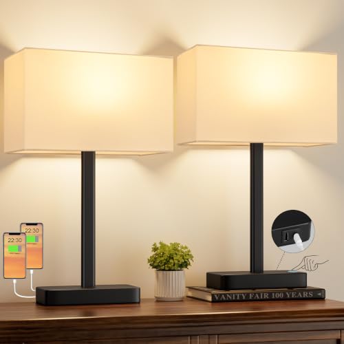 Hong-in Touch Lamps for Bedroom - 3-Way Dimmable Bedside Lamps Set of 2 with USB C+A, White Modern Table Lamp for Night Stands, Desk Lamp for Living Room Nightstand End Tables Bed Side - color: E. White&Black