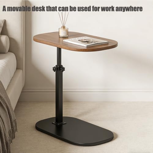 Pedestal Adjustable c Table for Small Spaces，C Shaped End Table Desktop can Turn 360° and the Height of the Sofa Small TV Tray Table Can be Adjusted for Couch - color: Walnut-height-adjustable Table-1pcs